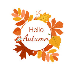 Hello Autumn. Welcome round banner with autumn leaves and berries. Vector cartoon concept