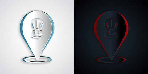 Paper cut Scallop sea shell icon isolated on grey and black background. Seashell sign. Paper art style. Vector