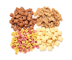 Heaps of different cereals on white background