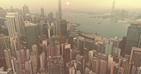 AERIAL. Hong Kong Sunrise, View from The drone, Hong Kong Sun shape in the sky