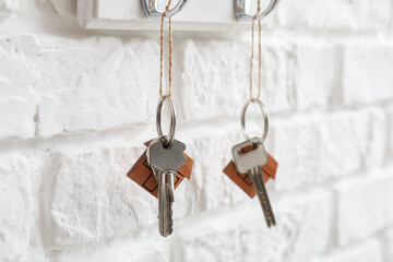 Rack with keys hanging on brick wall