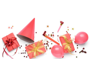 Gift boxes with balloons and party hat on white background