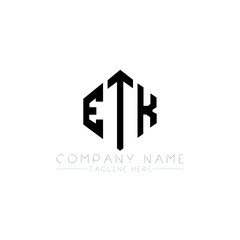 ETK letter logo design with polygon shape. ETK polygon logo monogram. ETK cube logo design. ETK hexagon vector logo template white and black colors. ETK monogram, ETK business and real estate logo. 