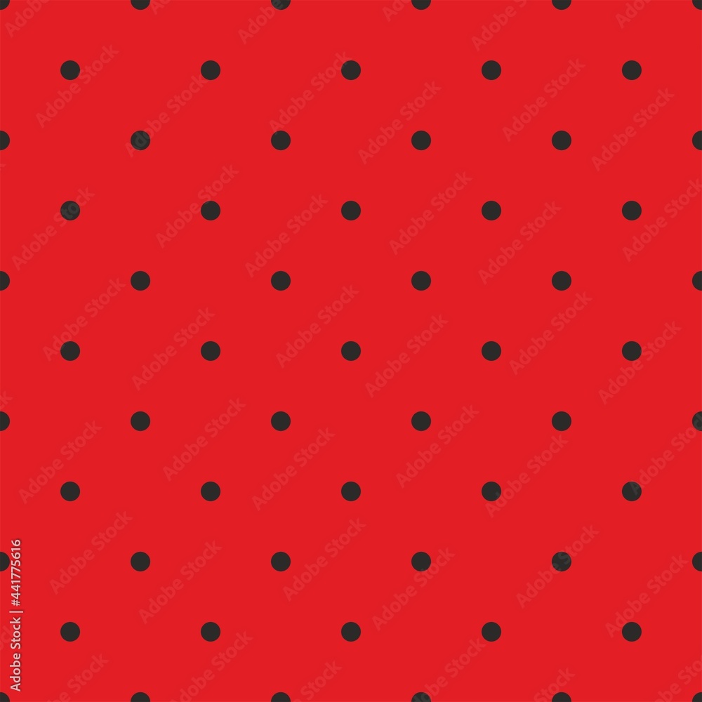 Poster tile vector pattern with black polka dots on red background