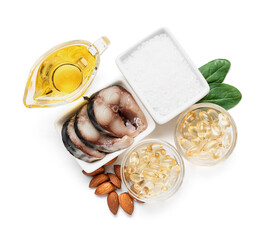 Set of healthy products with fish oil pills on white background
