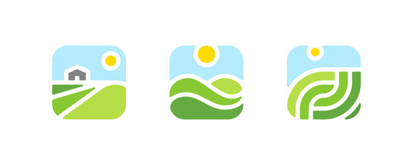Farm logo mark template or icon of rural landscape with sun and field. Set of modern geometric emblems or badges for natural agriculture, organic food industry or harvesting campaign