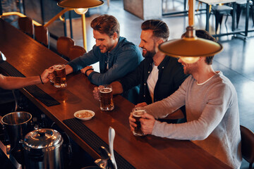 Top view of bartender serving beer to young men while standing at the bar counter in pub