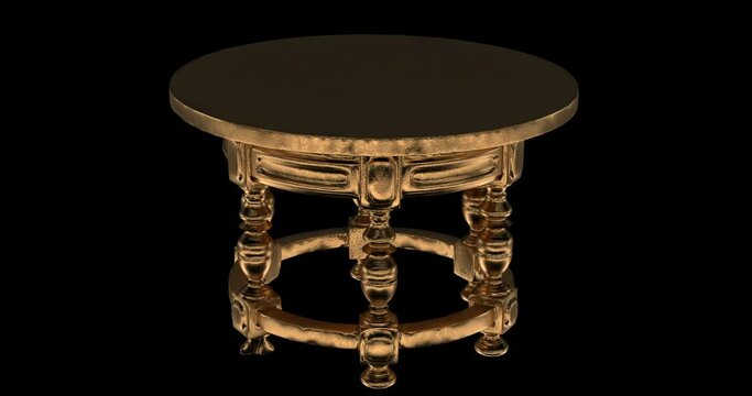 Gold round handmade table with wood carving on six legs. Alpha matte channel.