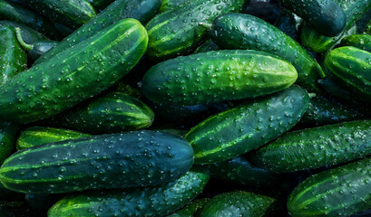 Ripe juicy green cucumbers close-up