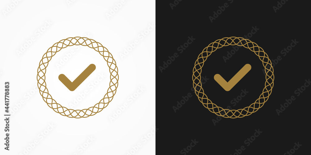Poster approved icon. gold check mark with decorative circle lines frame sticker label isolated on double b