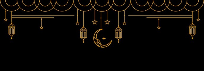 ramadan Kareem golden banner on black background, Eid Mubarak Greeting Line vector design with beautiful Glowing Lantern and elegant crescent moon star © Ramosh Artworks