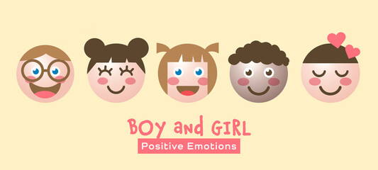 Set of smiling faces of kids. Illustration of cute boys and girls faces showing happy and positive 
emotions, Illustration Vector EPS10.