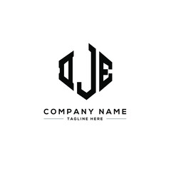 Obraz premium DJE letter logo design with polygon shape. DJE polygon logo monogram. DJE cube logo design. DJE hexagon vector logo template white and black colors. DJE monogram, DJE business and real estate logo. 