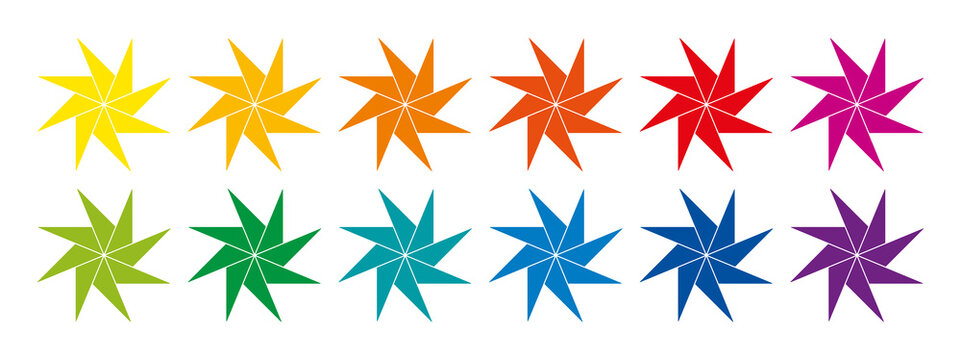 Rainbow colored and pinwheel shaped eight-pointed stars. Twelve geometric figures, that create the impression of rotation, similar to curls of a spinning wind wheel. Illustration over white. Vector.