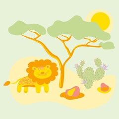 A lion stands under a tree among the hot African savannah. Animals and nature in cartoon flat style. Colorful vector illustration. Design for children.