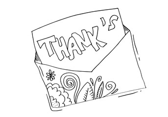 Thank you message in doodle style on white background. Vector image. Decorations for posters, postcards, clothes and children's interiors