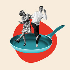 Contemporary art collage, modern design. Summer mood. Couple of dancers dancing on pan isolated on...