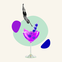 Contemporary art collage, modern design. Summer mood. Cocktail party. Concept of idea, inspiration,...