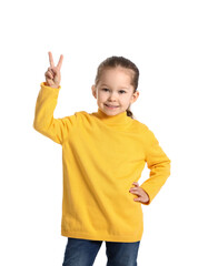Cute little girl showing victory gesture on white background
