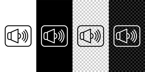 Set line Speaker volume, audio voice sound symbol, media music icon isolated on black and white, transparent background. Vector