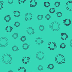 Black line Fantasy magic stone ring with gem icon isolated seamless pattern on green background. Vector
