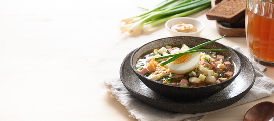 Russian summer okroshka soup with kefir. Freshness okroshka made of summer chopped vegetables, cucumber, radish, potato, boiled eggs, dill with kefir or airan, carbonated water. Close up.