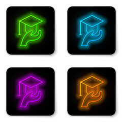 Glowing neon line Education grant icon isolated on white background. Tuition fee, financial education, budget fund, scholarship program, graduation hat. Black square button. Vector