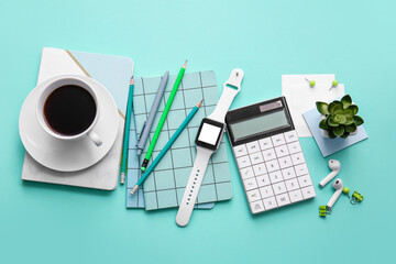 Different office tools, cup of coffee and devices on color table