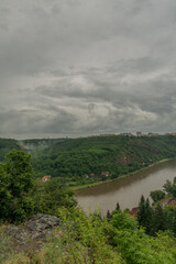 Fototapeta premium View for valley of Vltava river near Prague Sedlec in cloudy rainy morning