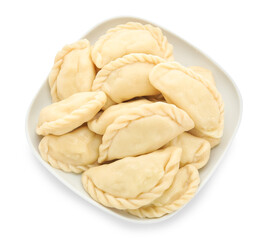 Plate with tasty dumplings on white background