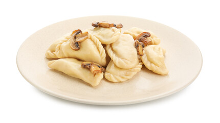 Plate with tasty dumplings on white background
