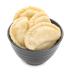 Fototapeta na wymiar Bowl with tasty dumplings on white background