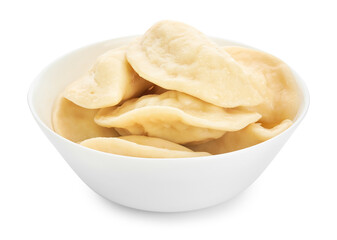 Bowl with tasty dumplings on white background