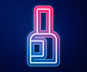 Glowing neon line Bottle of nail polish icon isolated on blue background. Vector