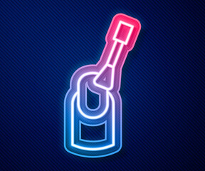 Glowing neon line Nail manicure icon isolated on blue background. Vector