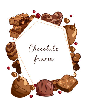 Vintage frame with pieces of milk chocolate with nuts and chocolates, candy illustration. World Chocolate Day. Vector background design. Template for the cards, invitations, packaging, menu.