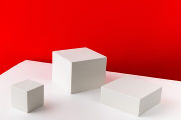Podium on red and white creative background. Mock up template for product