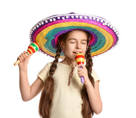 Happy Mexican girl in sombrero hat and with maracas on white background