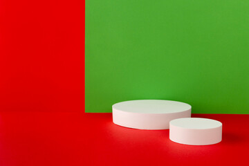 Podium on red and green creative background. Mock up template for product