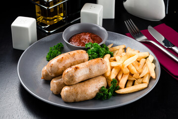austrian grilled sausages with french fries are a traditional snack