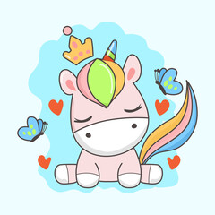 Cute pose of unicorn tenderness among butterflies