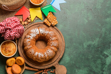 Traditional food for Festa Junina (June Festival) on color background
