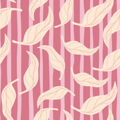 Floral seamless pattern with random hand drawn leaves tangerine silhouettes. Pink striped background.