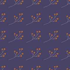 Flat vintage seamless pattern with simple orange berries shapes. Purple background. Doodle floral print.