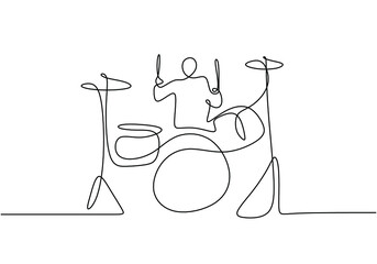 Drummer continuous line drawing. People playing drum music instrument with single one line minimalist style.
