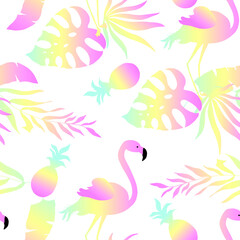 Fototapeta na wymiar Flamingo in the leaves of tropical palm trees. Seamless pattern. Vector illustration.