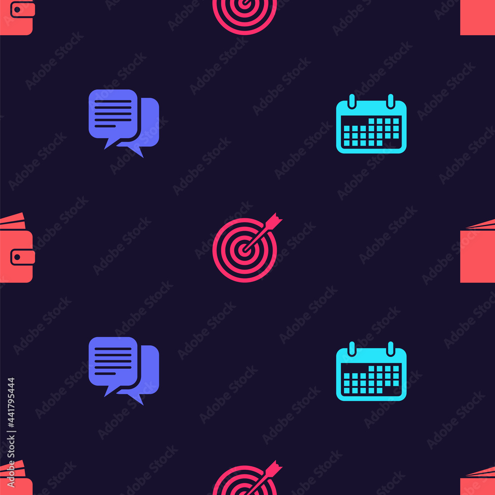 Poster set calendar, chat, target with arrow and wallet on seamless pattern. vector