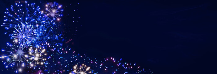 Blue fireworks background for anniversary, new year, event and festival. Space for text