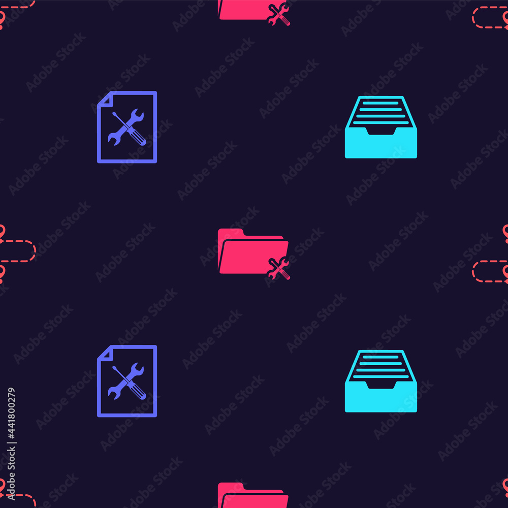 Poster set drawer with documents, file service, folder and route location on seamless pattern. vector