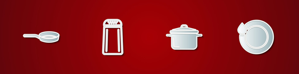 Set Frying pan, Salt and pepper, Cooking pot and Washing dishes icon. Vector